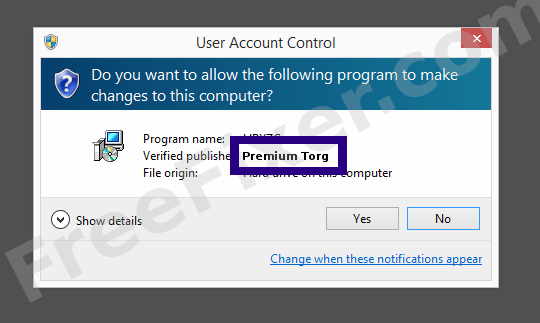 Screenshot where Premium Torg appears as the verified publisher in the UAC dialog